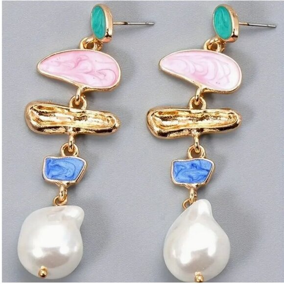 Colorful Long Dangle Faux Baroque Pearl Drop Earrings - Picture 3 of 5